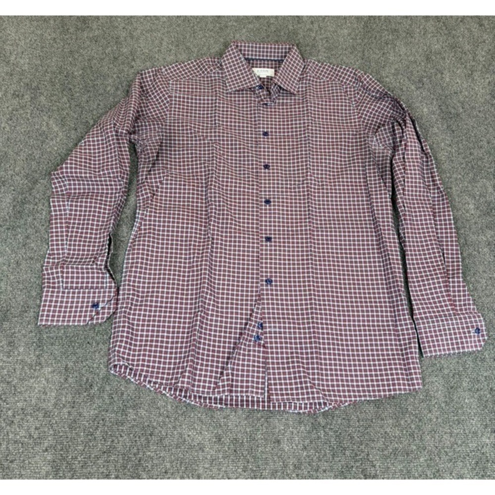ETON Shirt Contemporary Red Blue Black Check Button Up Shirt Size L(42X16.5)